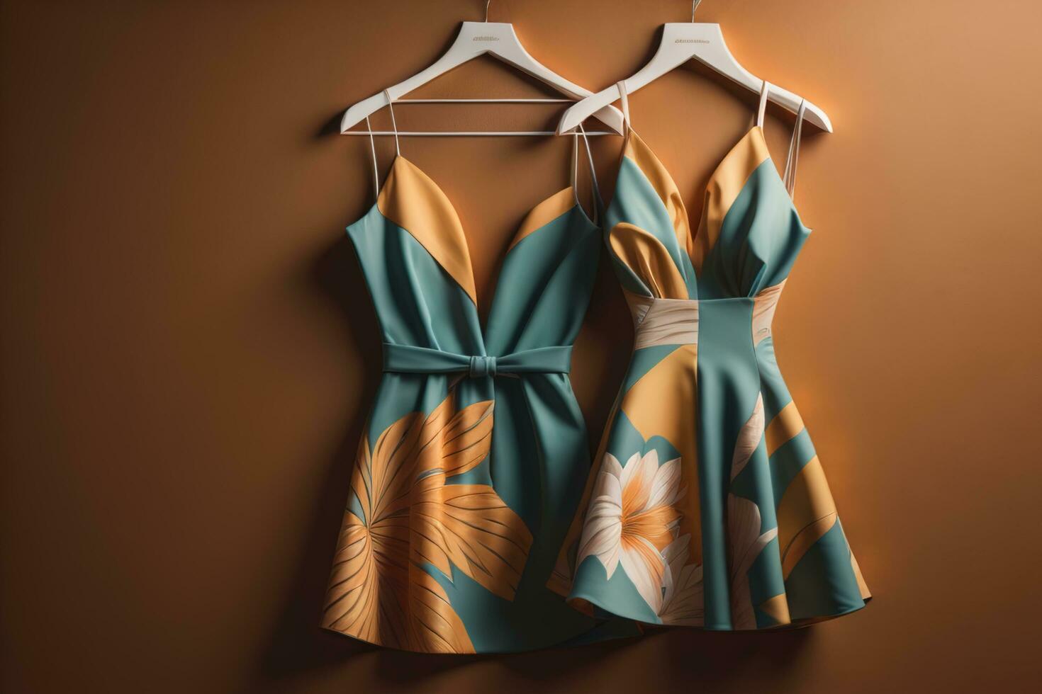 AI generated Women's summer dress on a hanger on a brown background. generative ai photo
