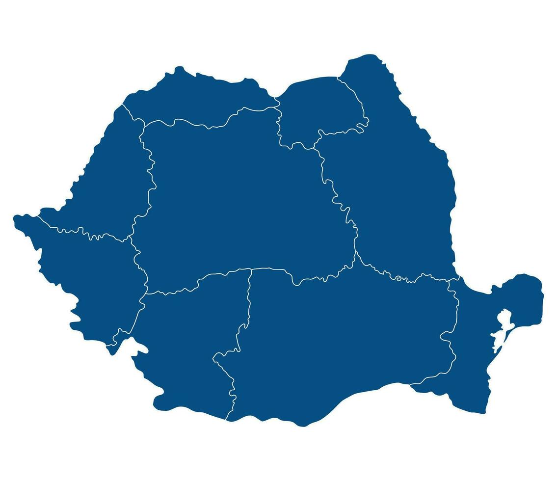 Romania map. Map of Romania in nine mains regions in blue color vector