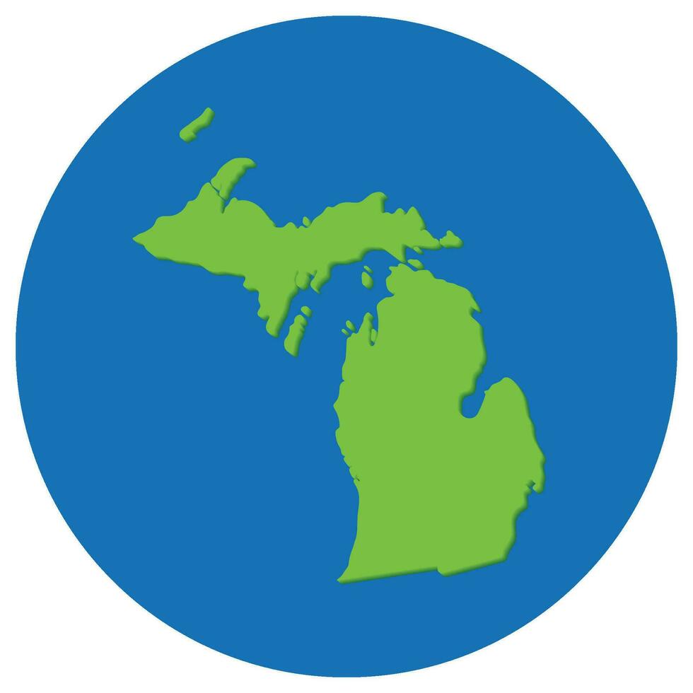 Michigan state map in globe shape green with blue round circle color. Map of the U.S. state of Michigan. vector