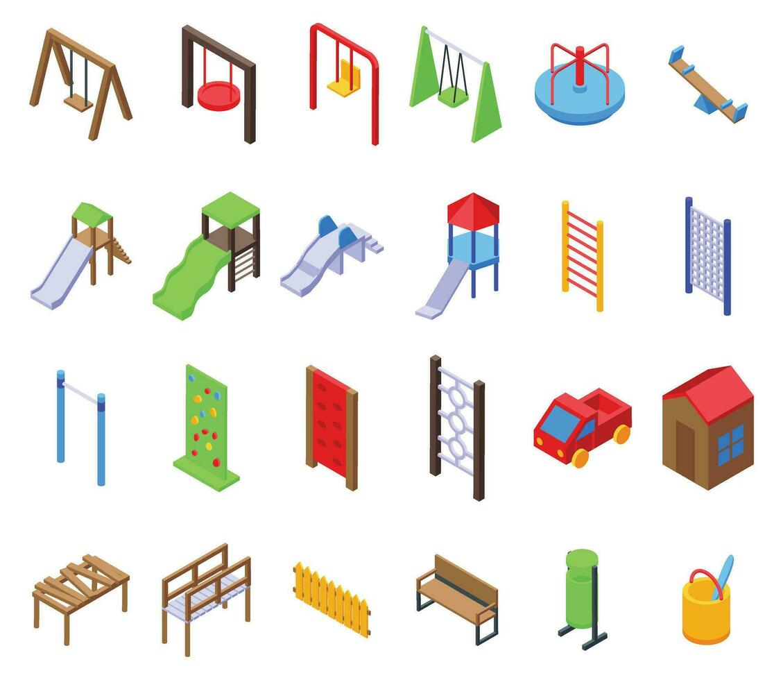 Kindergarten outdoor recreation area icons set isometric vector. Children play vector