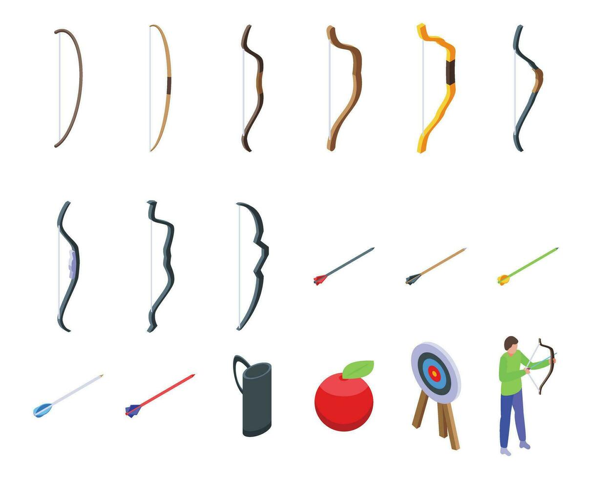Archery shoot weapon icons set isometric vector. Bow arrow vector