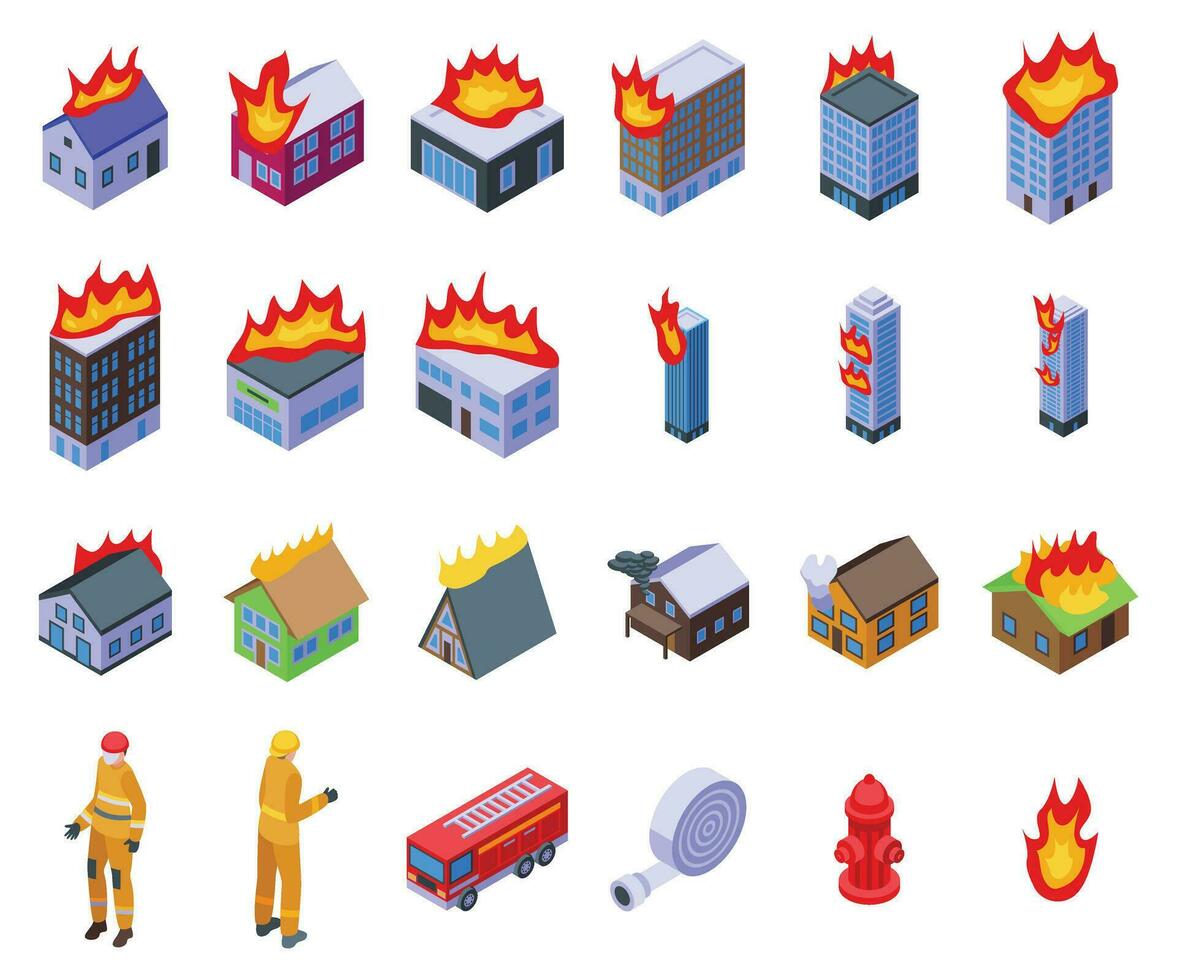 Burning building icons set isometric vector. Fire house stew vector