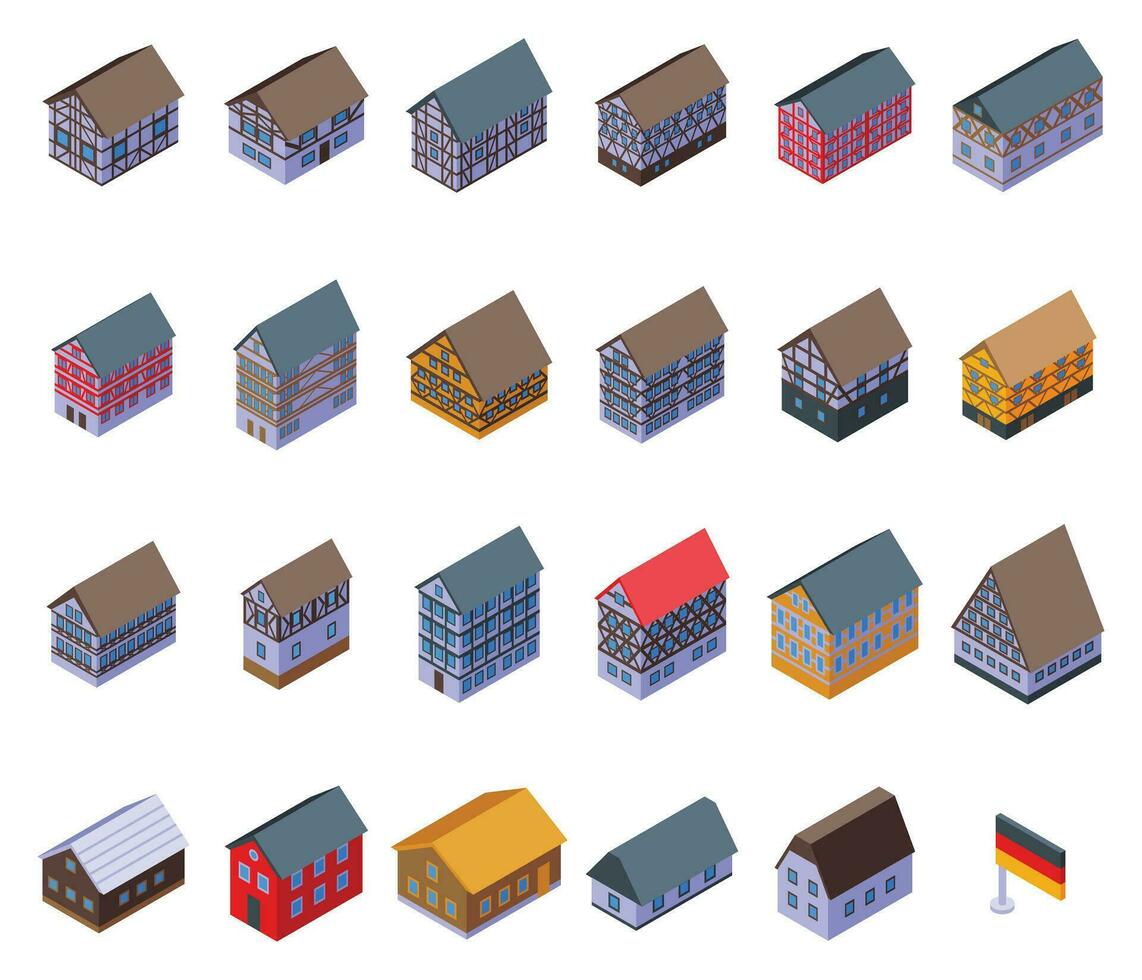 tradicional alemán casas íconos conjunto isométrica vector. antiguo pueblo vector