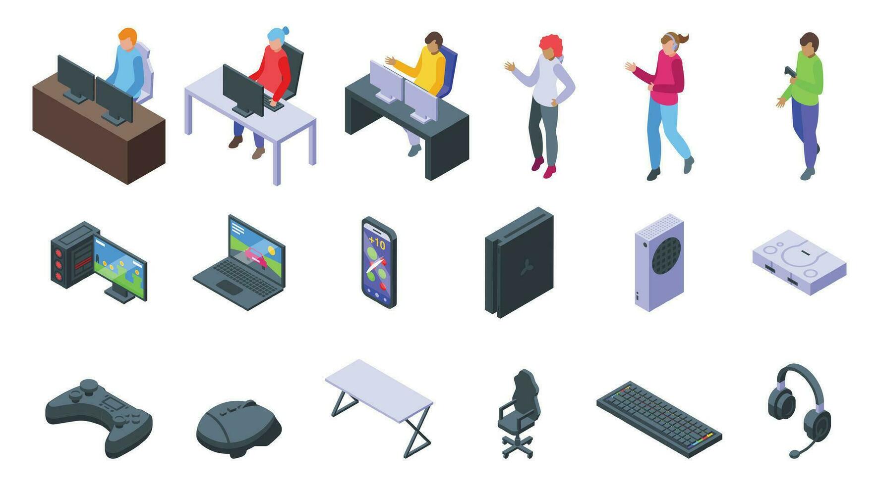 Streamer character icons set isometric vector. Game video play vector