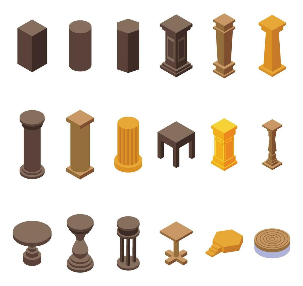 Wooden pedestal icons set isometric vector. Stage product vector