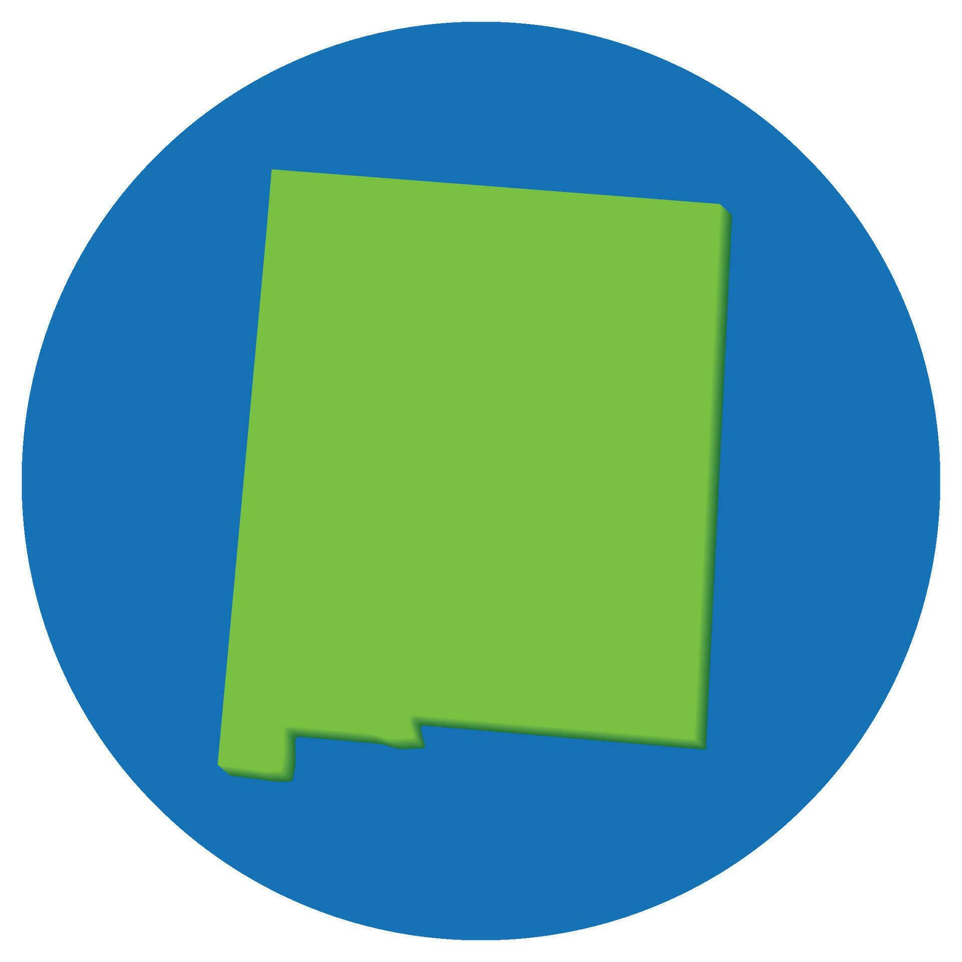New Mexico state map in globe shape green with blue round circle color. Map of the U.S. state of