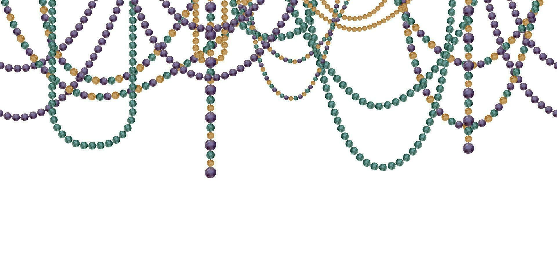 Hand drawn watercolor Mardi Gras carnival symbols. Garland festoon glass bead jewel pearl strings, gold purple green. Seamless banner isolated on white background. Design party invitation, print, shop vector