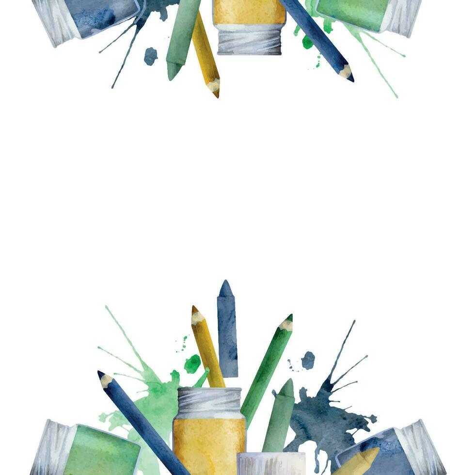 acuarela mano dibujado ilustración, niños niños pintura materiales suministros, verde azul amarillo papelería, salpicaduras cuadrado marco aislado en blanco. para escuela, jardín de infancia, fiesta, tarjetas, sitio web vector