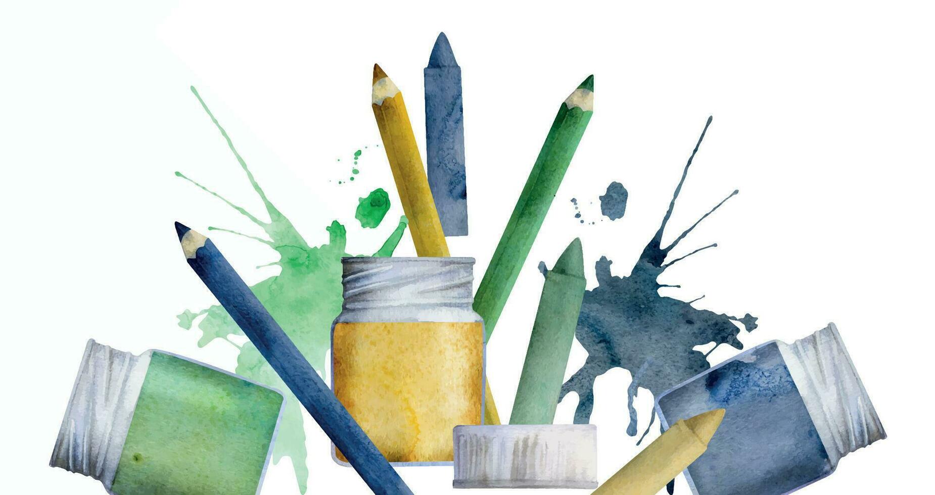 Watercolor hand drawn illustration, kids children painting materials supplies, green blue yellow stationery and splashes. Composition isolated on white. For school, kindergarten, party, cards, website vector