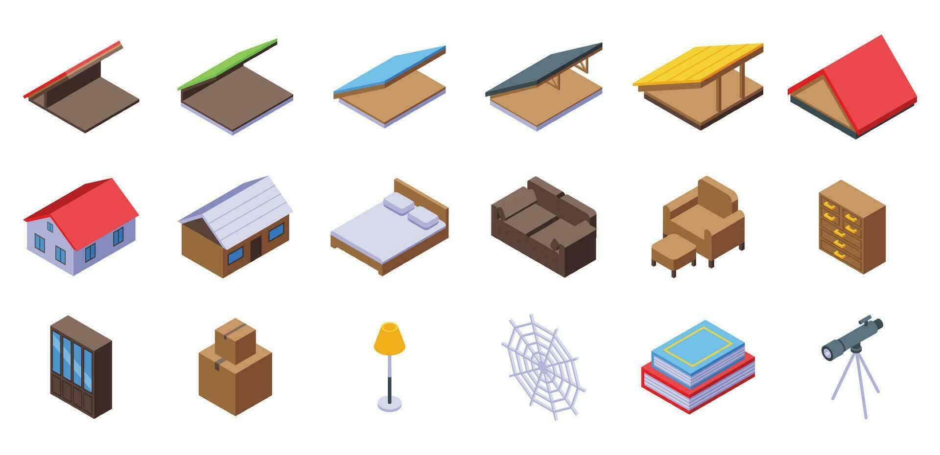 Garret icons set isometric vector. Attic loft vector