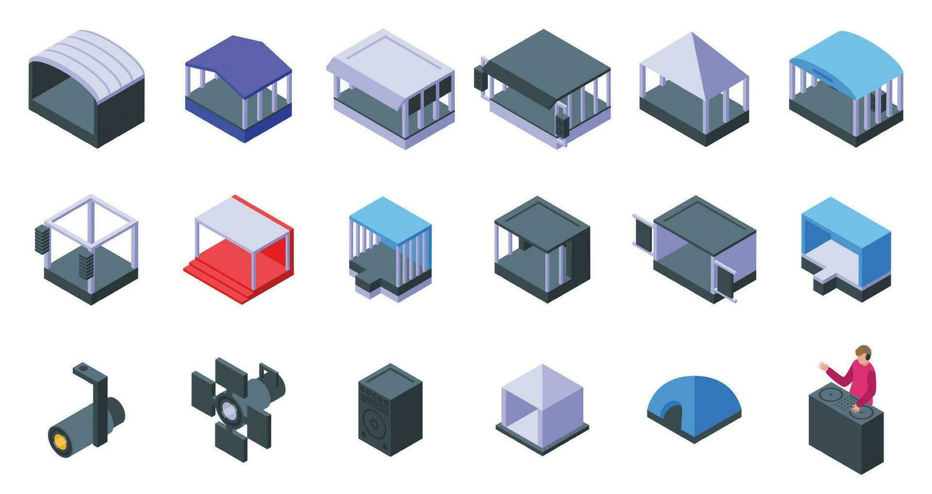 Outdoor music festival stage icons set isometric vector. Park concert vector