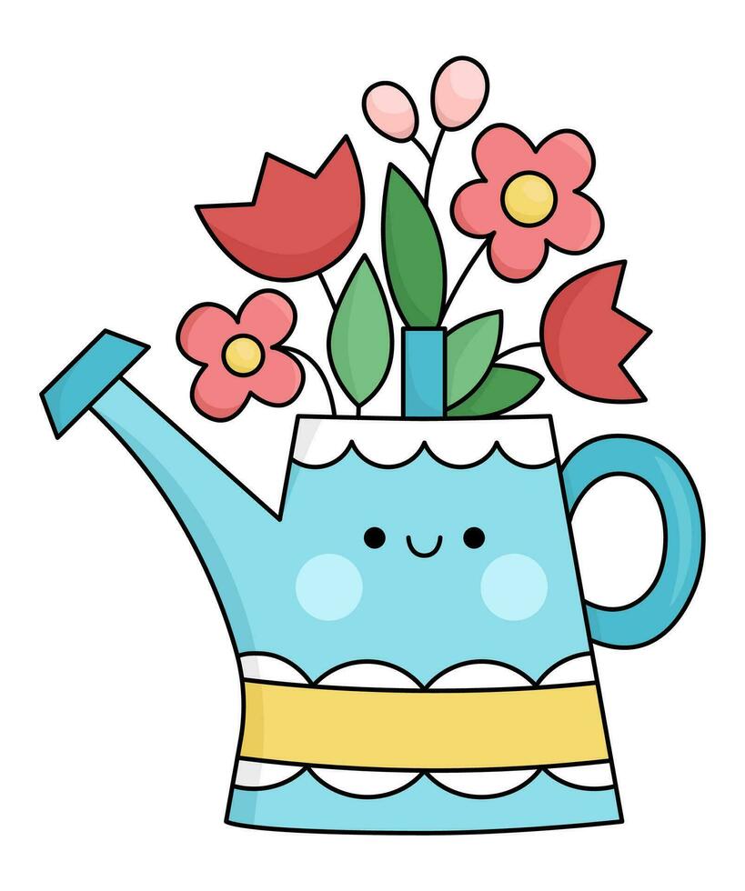 Vector kawaii watering can with first flowers icon for kids. Cute Easter symbol illustration. Funny cartoon character. Adorable spring clipart with smiling pot and tulips bouquet