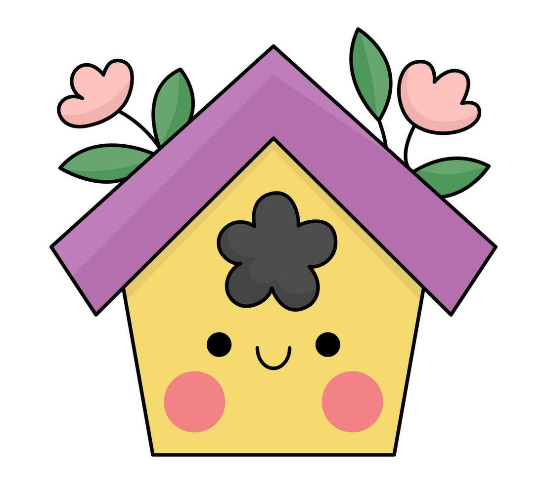 Vector kawaii birdhouse icon for kids. Cute Easter symbol illustration. Funny cartoon character. Adorable spring starling or bird house clipart with pink flowers