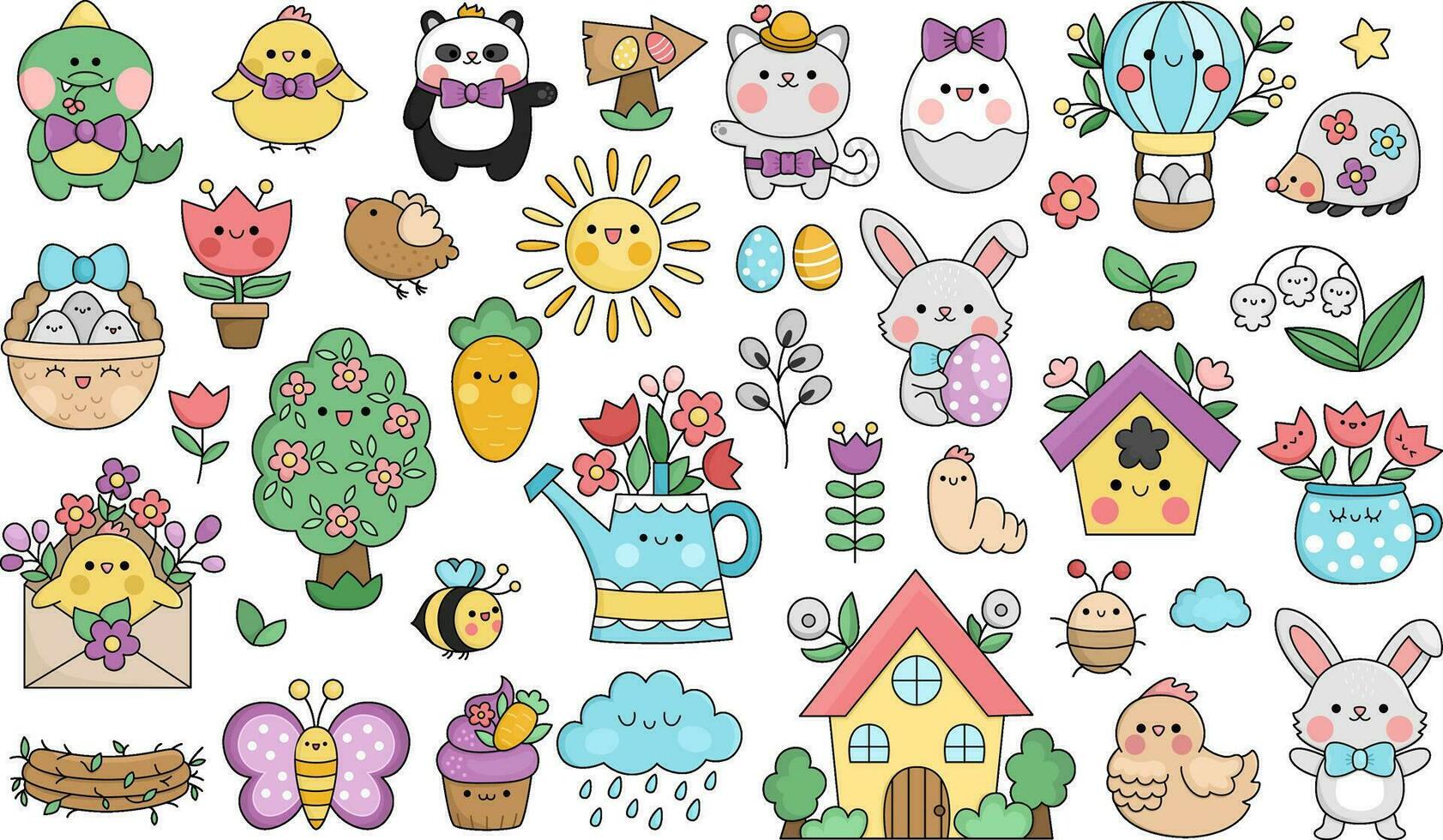 Vector kawaii Easter clipart set for kids. Cute cartoon characters set. Traditional symbols collection with bunny, colored eggs, bird, chick, basket, flowers, funny animals. Spring holiday icons