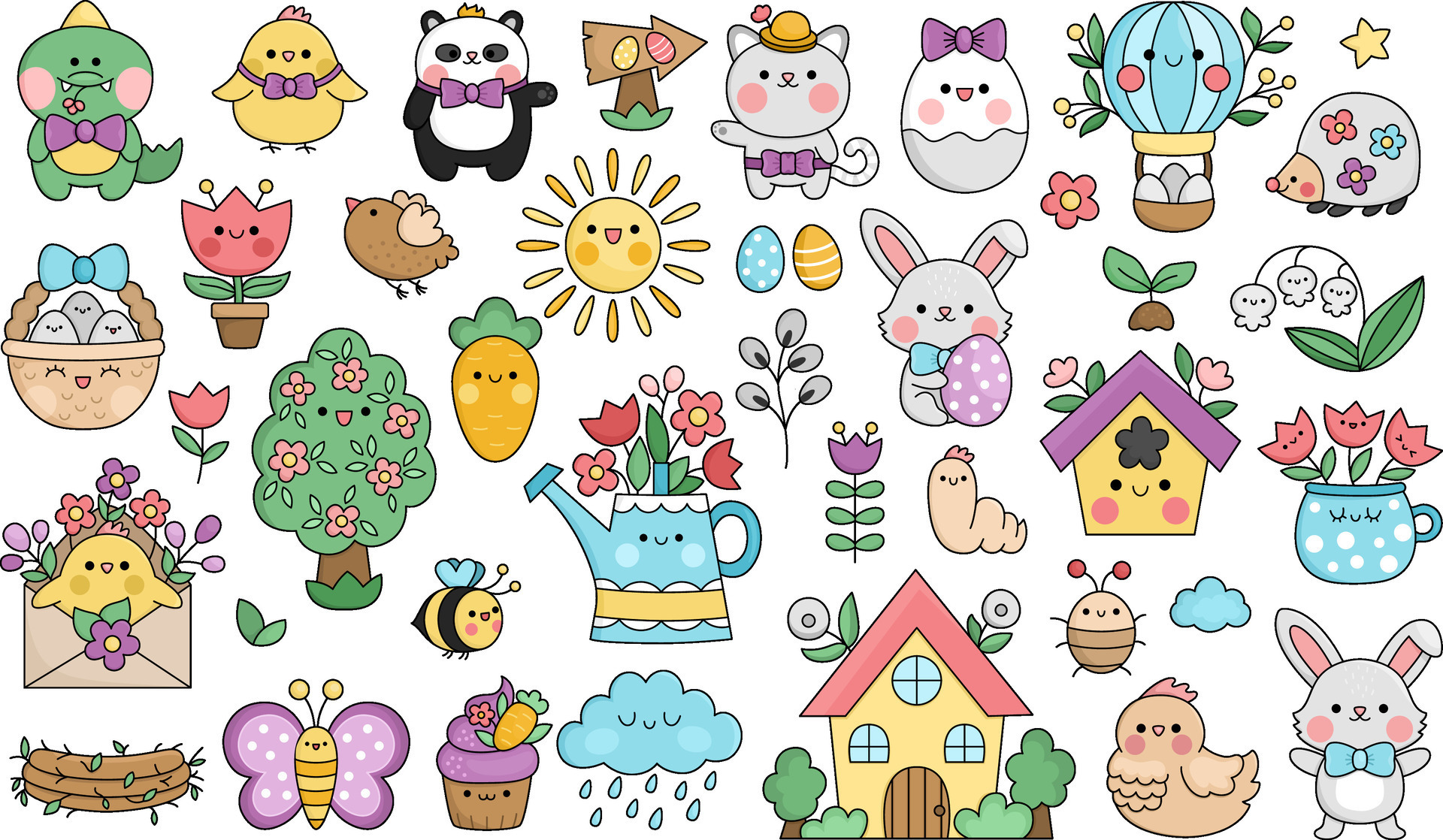 Vector kawaii Easter clipart set for kids. Cute cartoon characters set ...