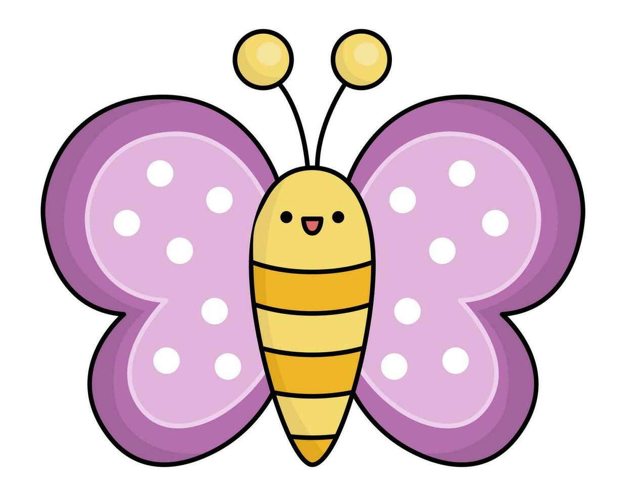 Vector kawaii flying butterfly icon for kids. Cute animal illustration. Funny cartoon character. Adorable purple insect clipart