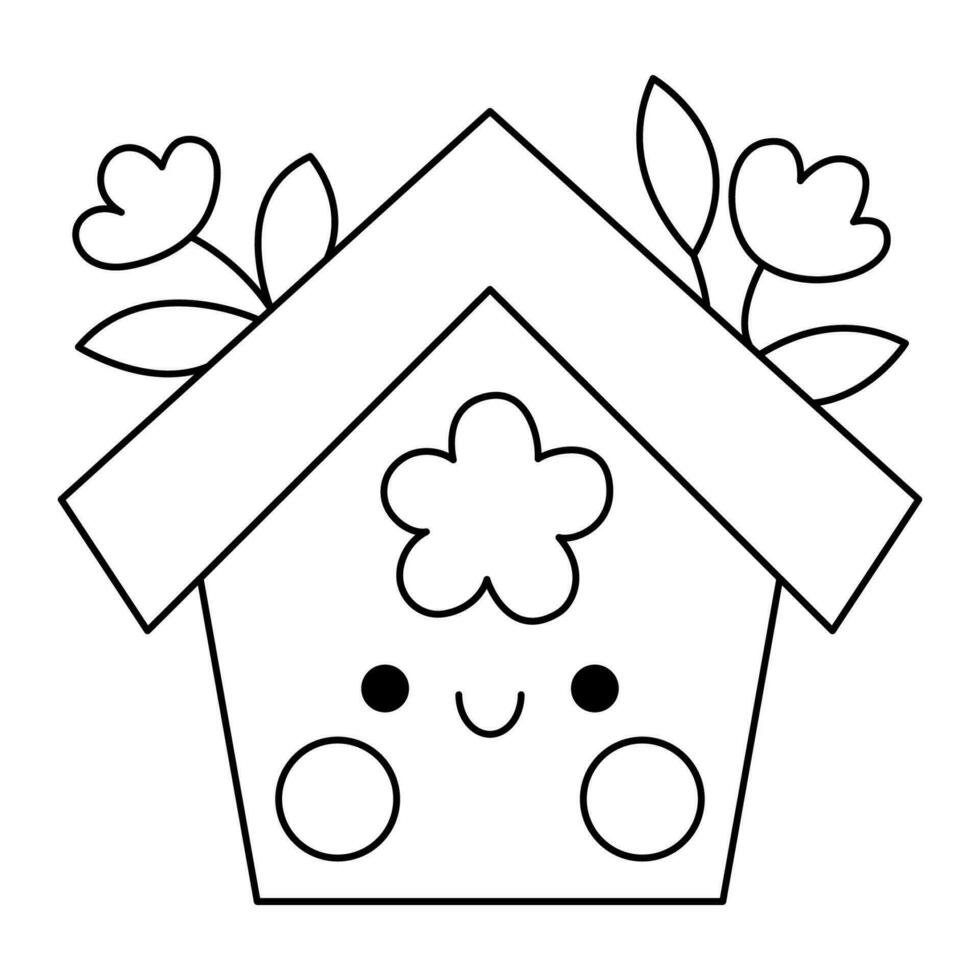 Vector black and white kawaii birdhouse icon for kids. Cute line Easter symbol illustration or coloring page. Funny cartoon character. Adorable spring starling or bird house clipart with flowers