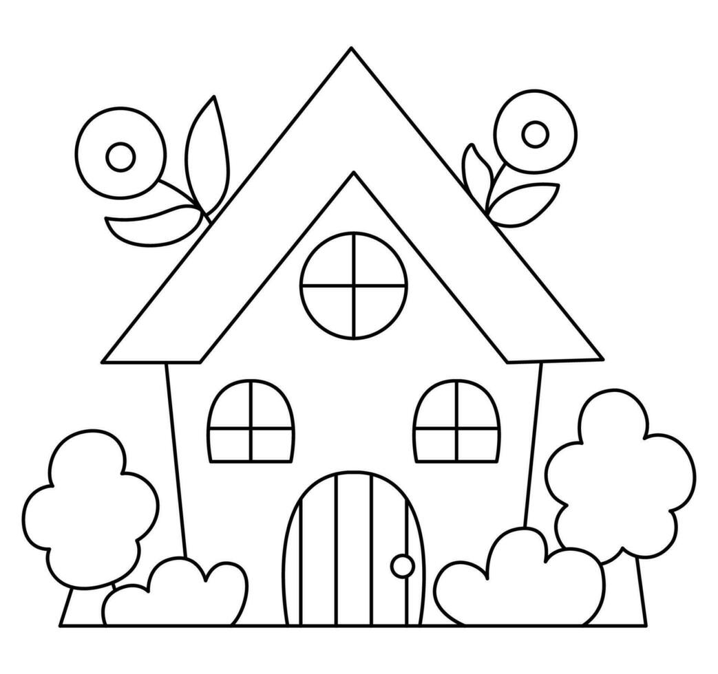 Vector black and white kawaii country house icon for kids. Cute line Easter symbol illustration or coloring page. Funny cartoon cottage with trees and flowers. Adorable spring garden clipart