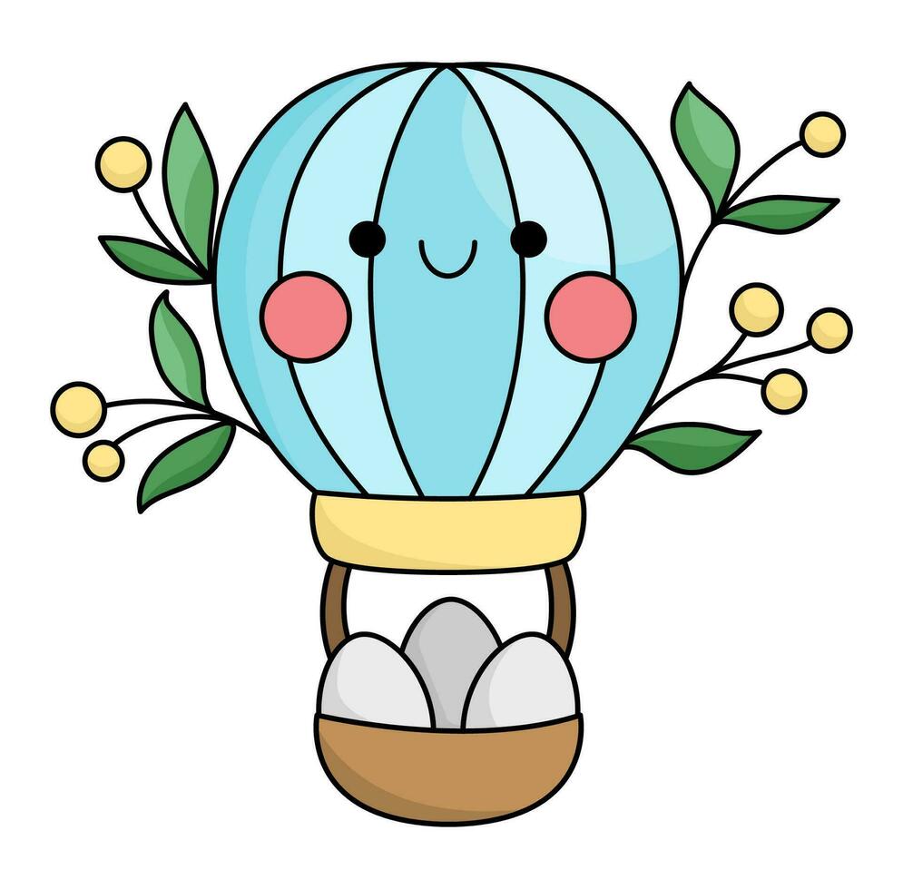 vector kawaii volador caliente aire globo icono para niños. linda Pascua de Resurrección símbolo ilustración con cesta, flores y huevos. gracioso dibujos animados personaje. adorable primavera clipart