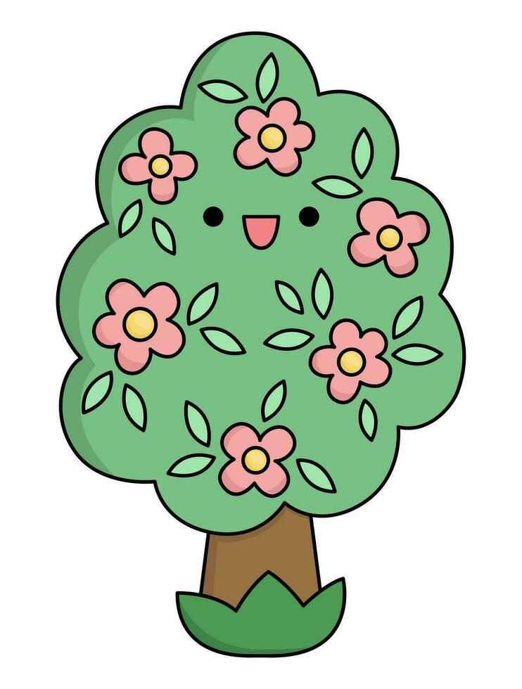 Vector kawaii blossoming tree icon for kids. Cute Easter symbol illustration. Funny cartoon character. Adorable spring plant clipart