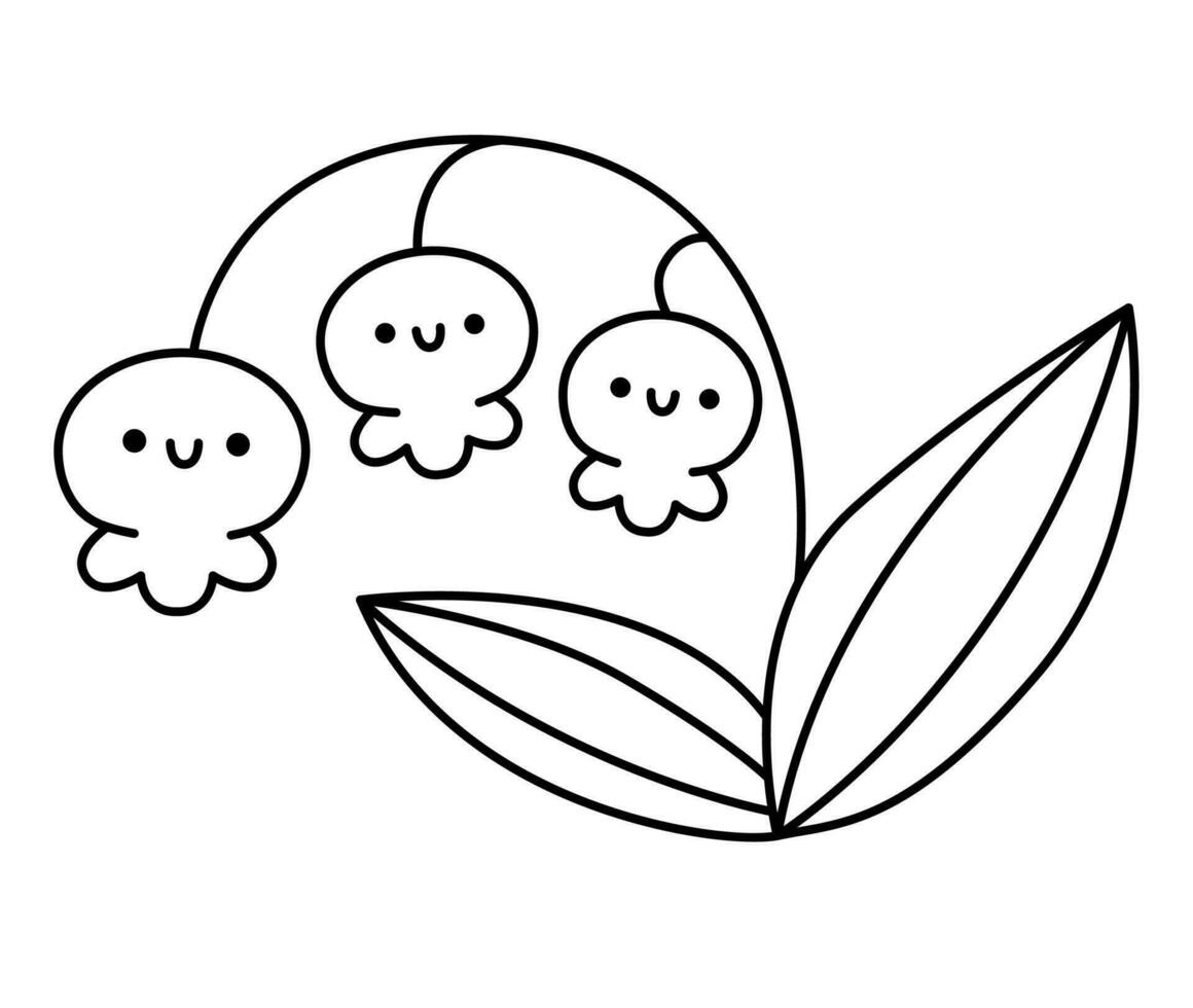 Vector black and white kawaii lily of the valley icon for kids. Cute line Easter symbol illustration or coloring page. Funny smiling cartoon character. Adorable spring first flower clipart