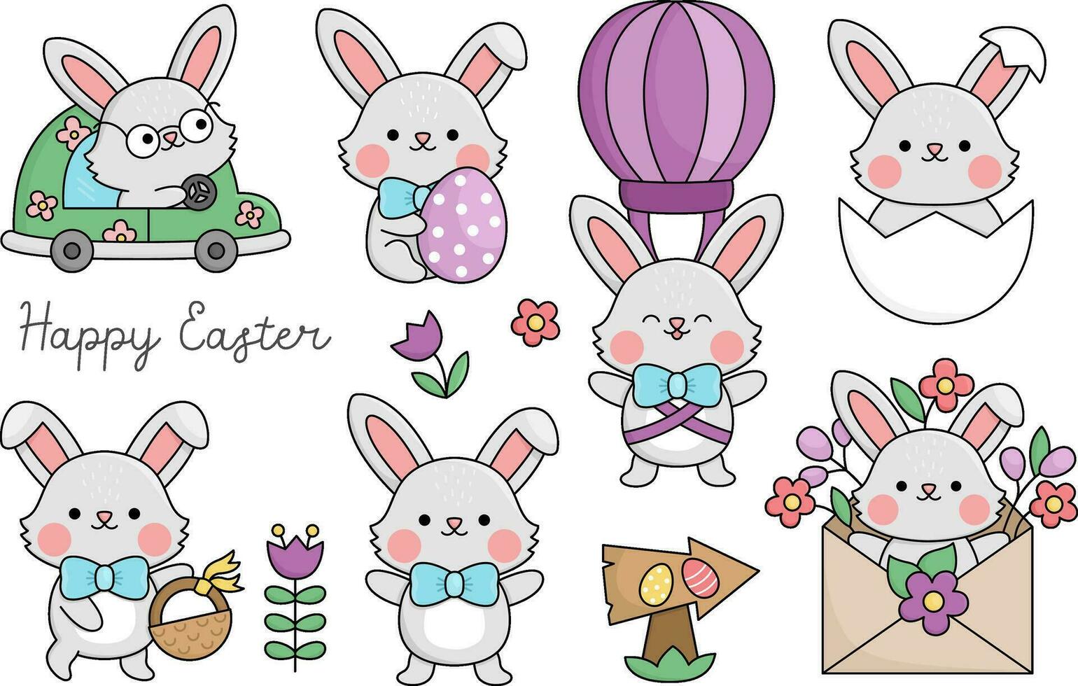 vector Pascua de Resurrección conejito conjunto para niños. linda kawaii conejos recopilación. gracioso dibujos animados caracteres. tradicional primavera fiesta símbolo ilustración con liebre con cesta, huevos, volador en caliente aire globo