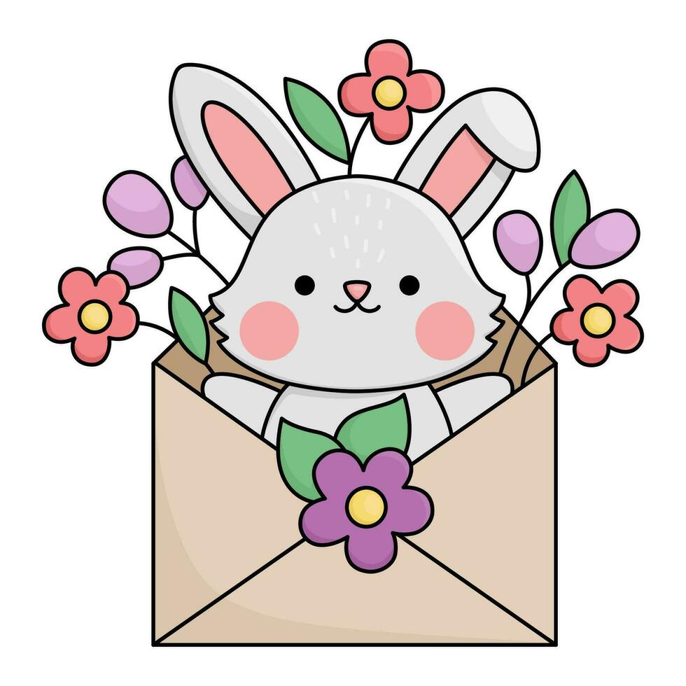 Vector Easter bunny icon for kids. Cute kawaii rabbit illustration. Funny cartoon hare character. Traditional spring holiday symbol in envelope with first flowers