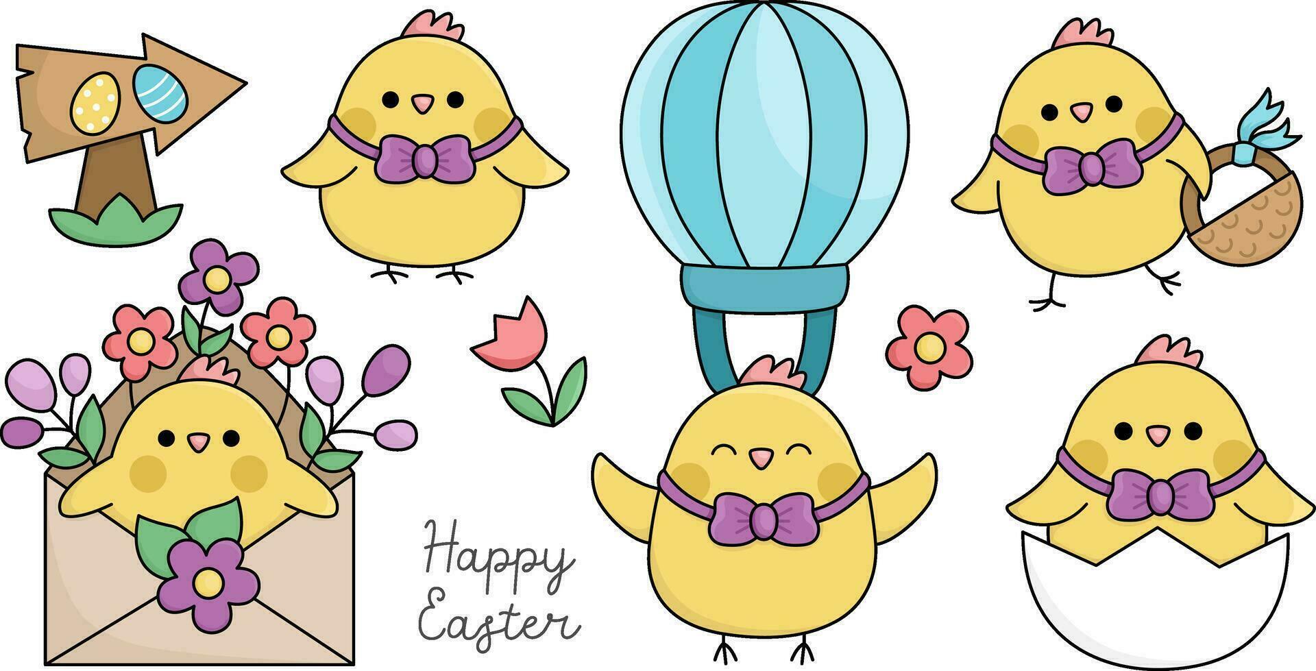 Vector Easter chicks set for kids. Cute kawaii chickens collection. Funny cartoon characters. Traditional spring holiday symbol illustration with bird with basket, eggs, flying on hot air balloon