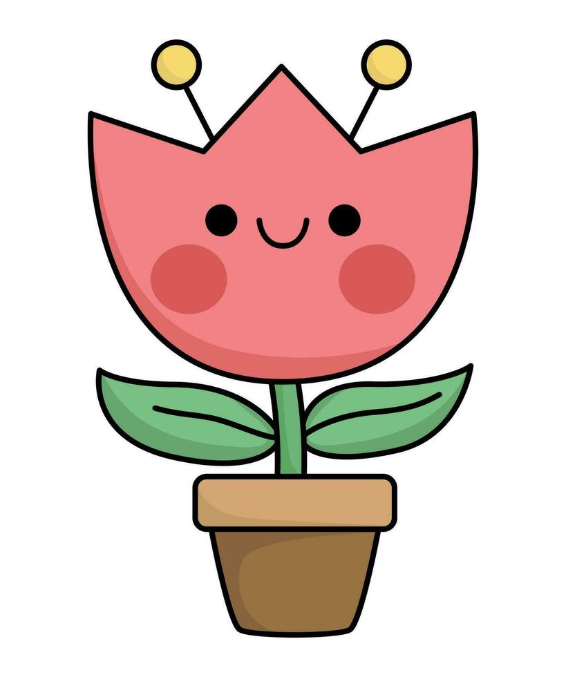 Vector kawaii flower pot with tulip icon for kids. Cute Easter symbol illustration. Funny cartoon character. Adorable spring clipart with house plant