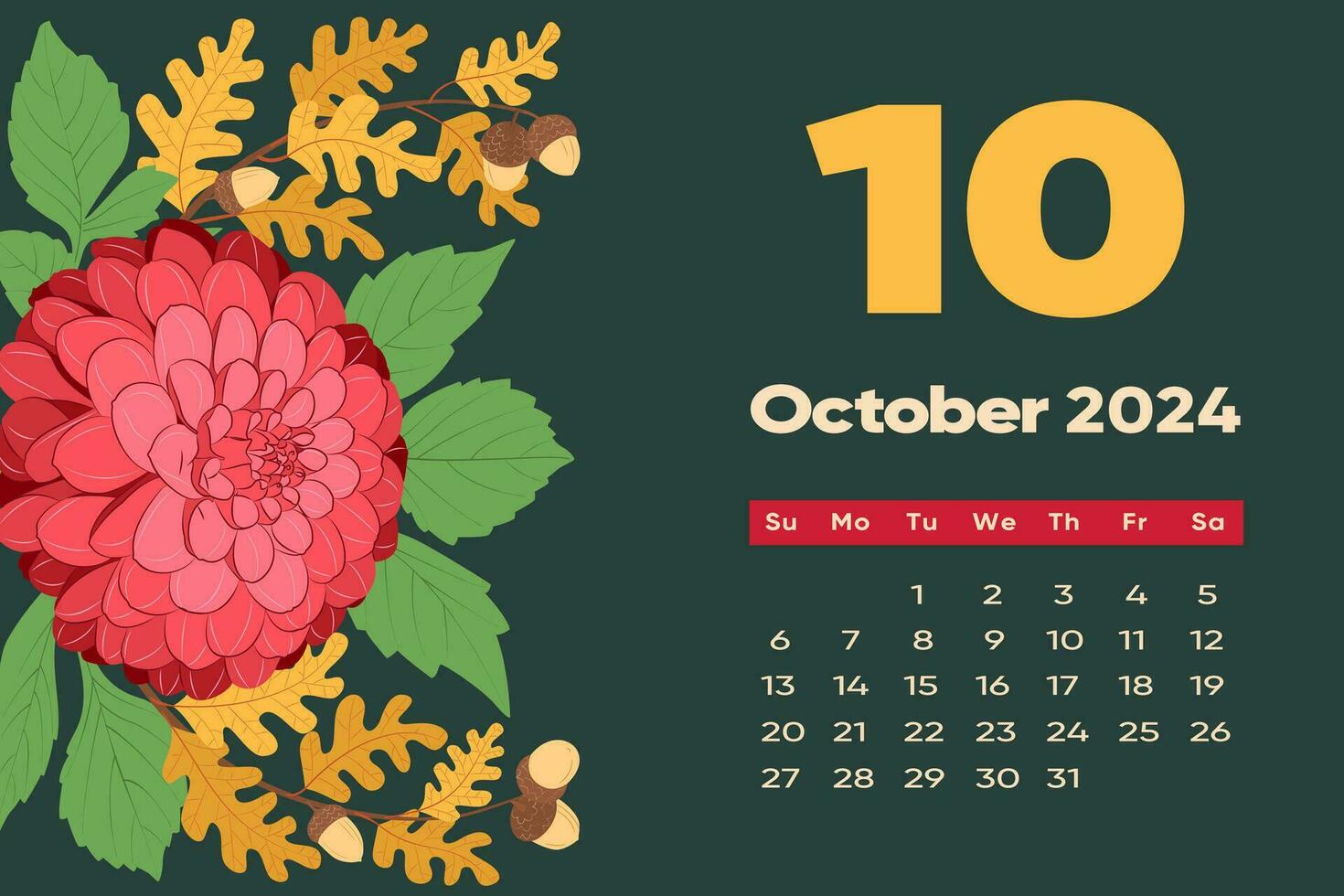 Floral October 2024 calendar template. With bright colorful flowers. vector
