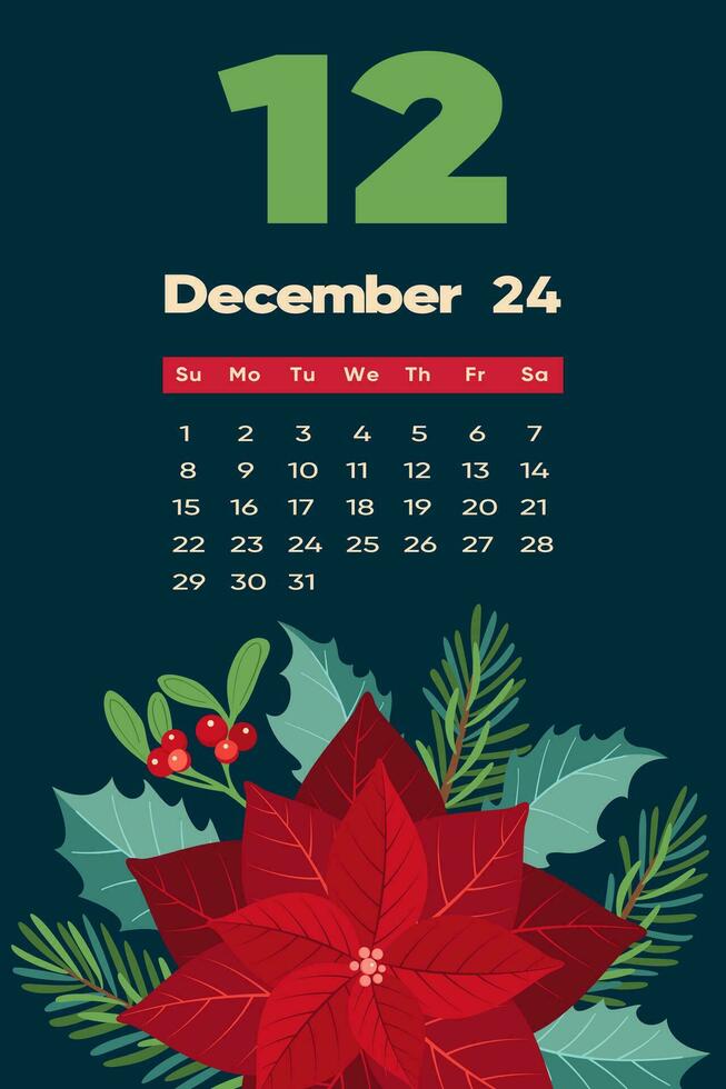 Floral December 2024 calendar template. With bright colorful flowers. vector