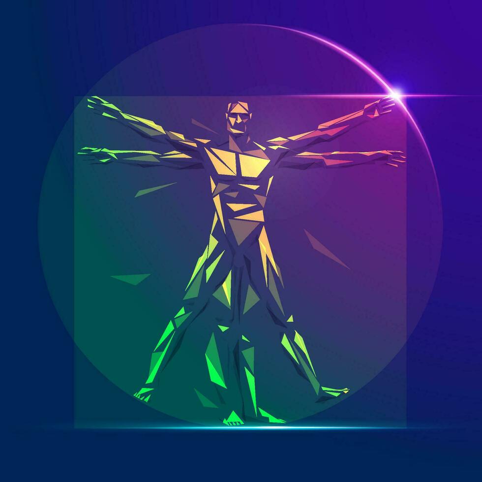 graphic of low poly Vitruvian man presented in vivid color style vector