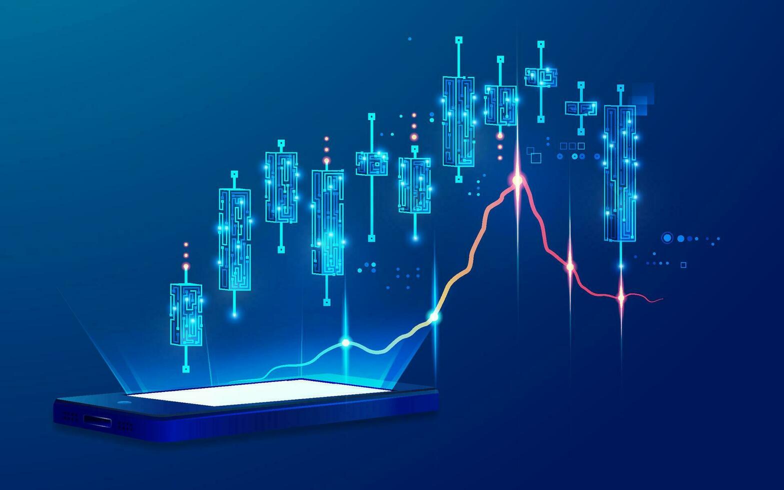 concept of online trading or robot trading, graphic of device with futuristic candlestick and lighting element vector