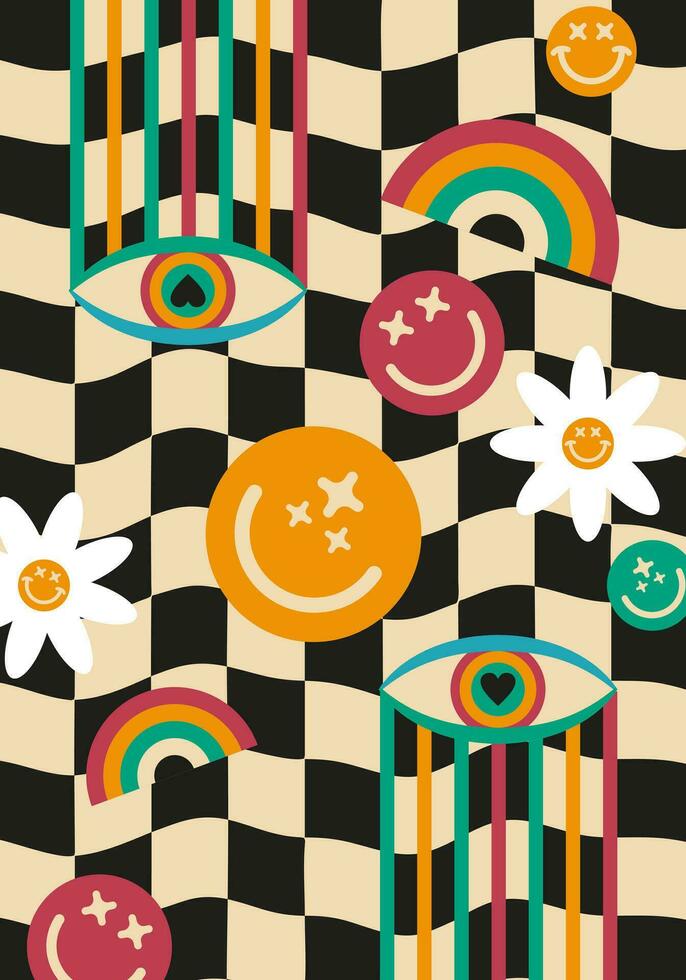 Retro background abstract smile, eyes,and tears pattern art print illustration vector editable