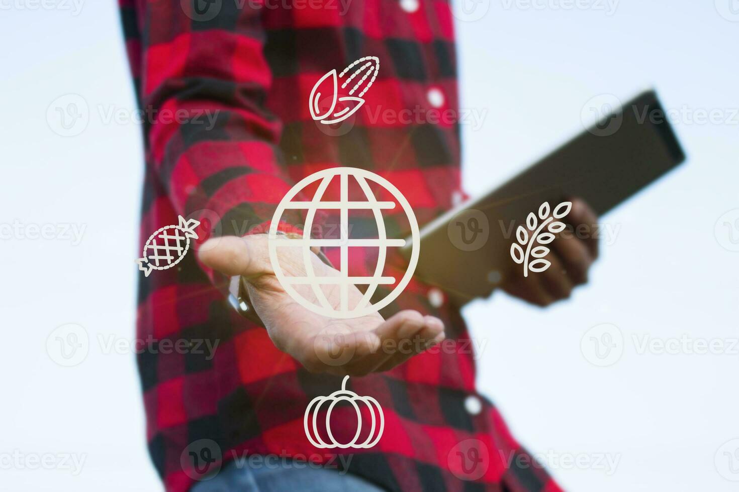 hombre en a cuadros camisa utilizando innovación para agricultura, iot agricultura concepto, Internet datos recopilación, inteligente granja foto