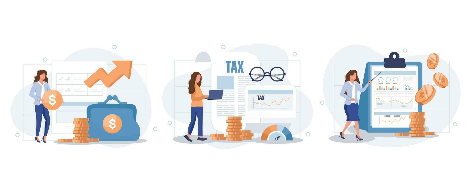 Financial or business profession set. Business character making financial operation. Economist, financier, broker, accountant, trader, tax inspector, commercial director. Vector illustration