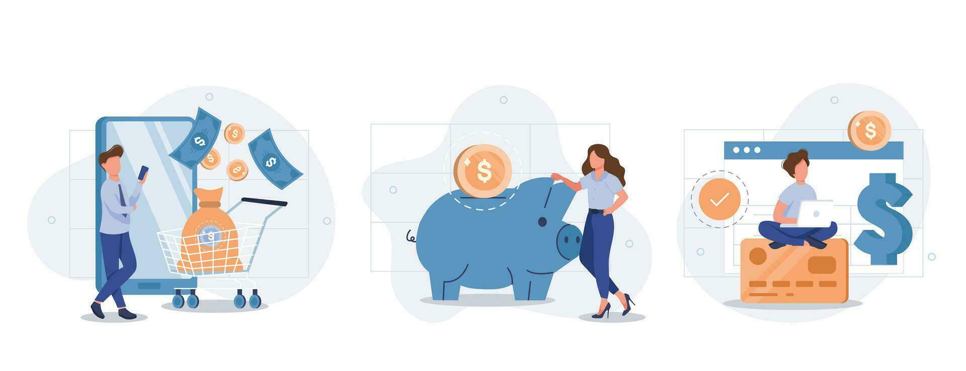 Financial illustration set. Characters paying online and receiving bonus money or reward back on credit card. Cashback, financial savings and money exchange concept. Vector illustration.