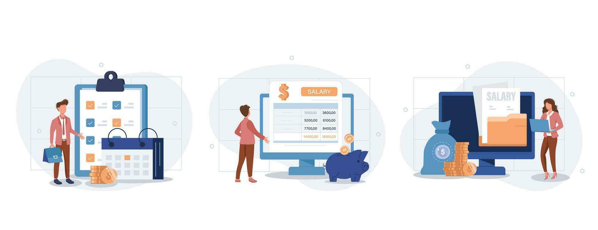 Financial administration set. Business accounting, organization and audit concept. Characters calculating and filling salary pay slip and payroll report. Vector illustration.