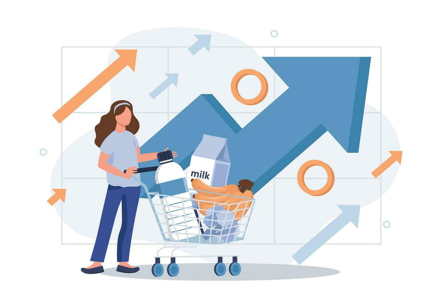 inflación ilustración. personaje comprando comida en supermercado y preocupaciones acerca de comestibles creciente precio. consumidor precio índice crecimiento y financiero crisis concepto. vector ilustración.