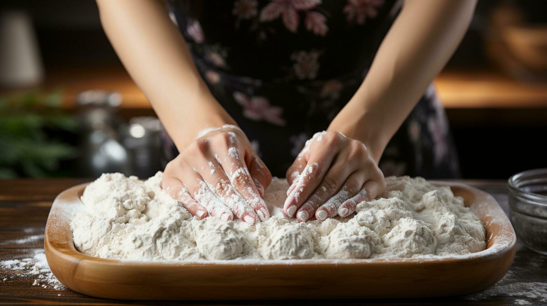 ai generado mano cocinero masa hornear preparando en cocina hecho en casa foto