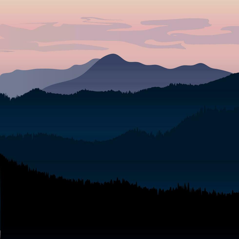 Mountain landscape vector illustration, simple square composition of pine mountains and sky in purple tones