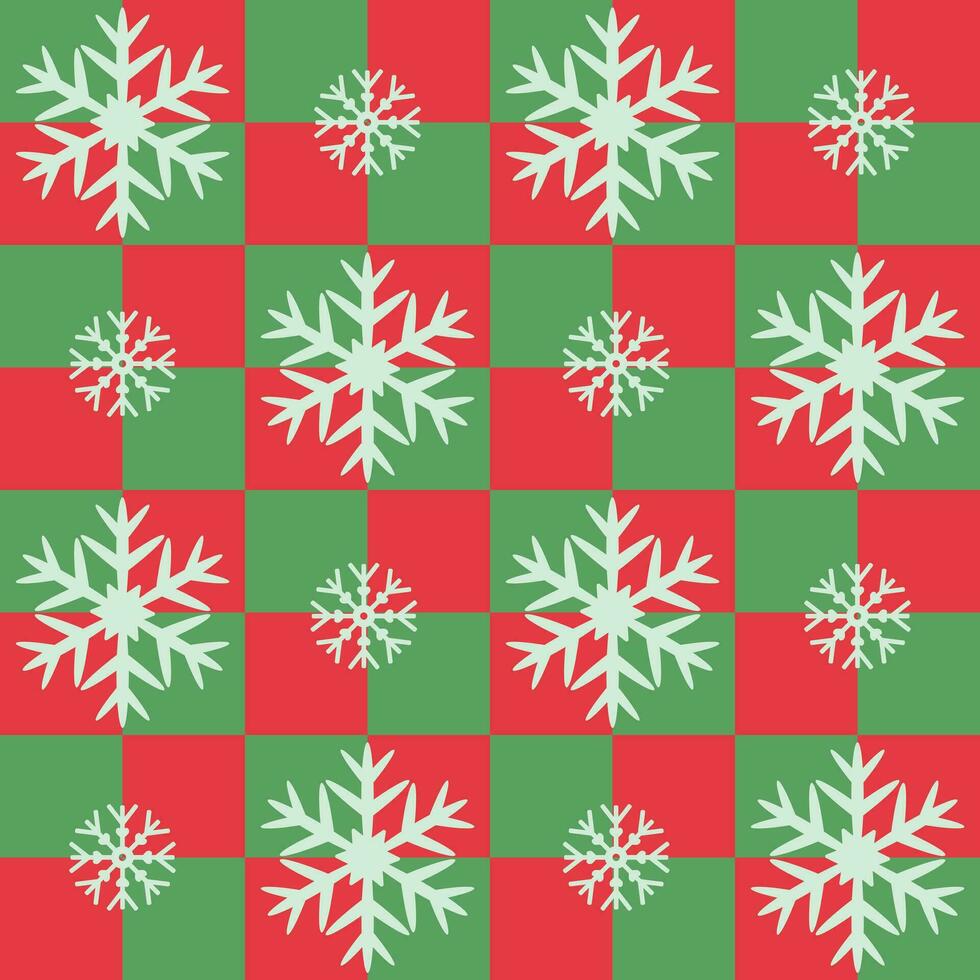 Christmas checkered seamless pattern, red green wrapping paper with symmetrical snowflakes vector