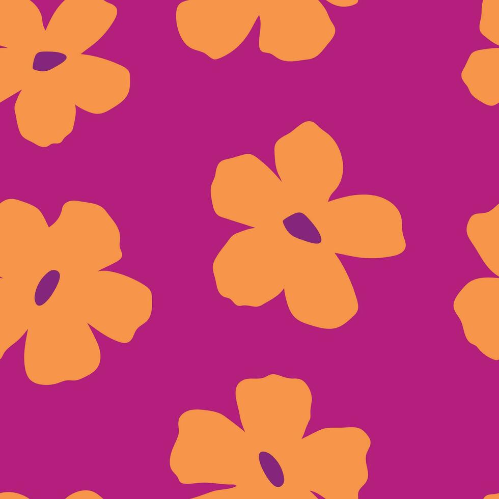 Seamless pattern of orange flowers on purple background, vector simple repeating floral background