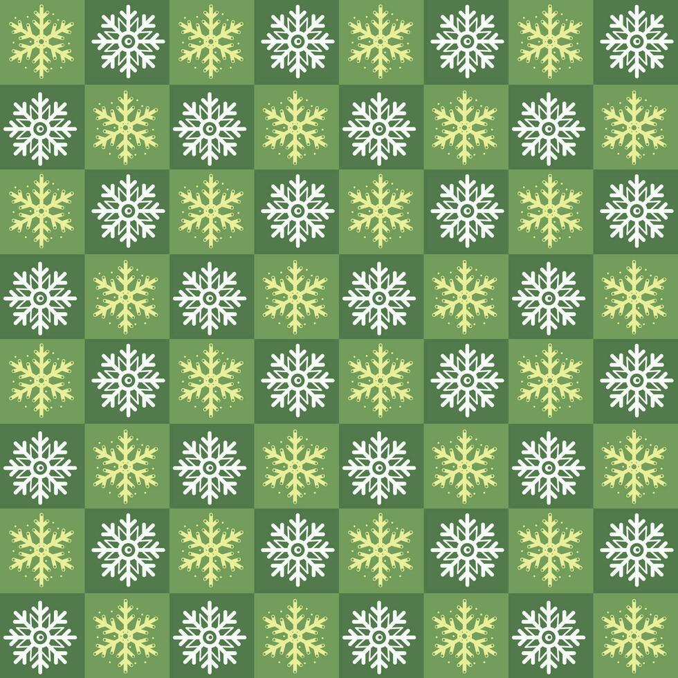 Christmas seamless pattern of snowflakes on green checkered background, vector holiday pattern