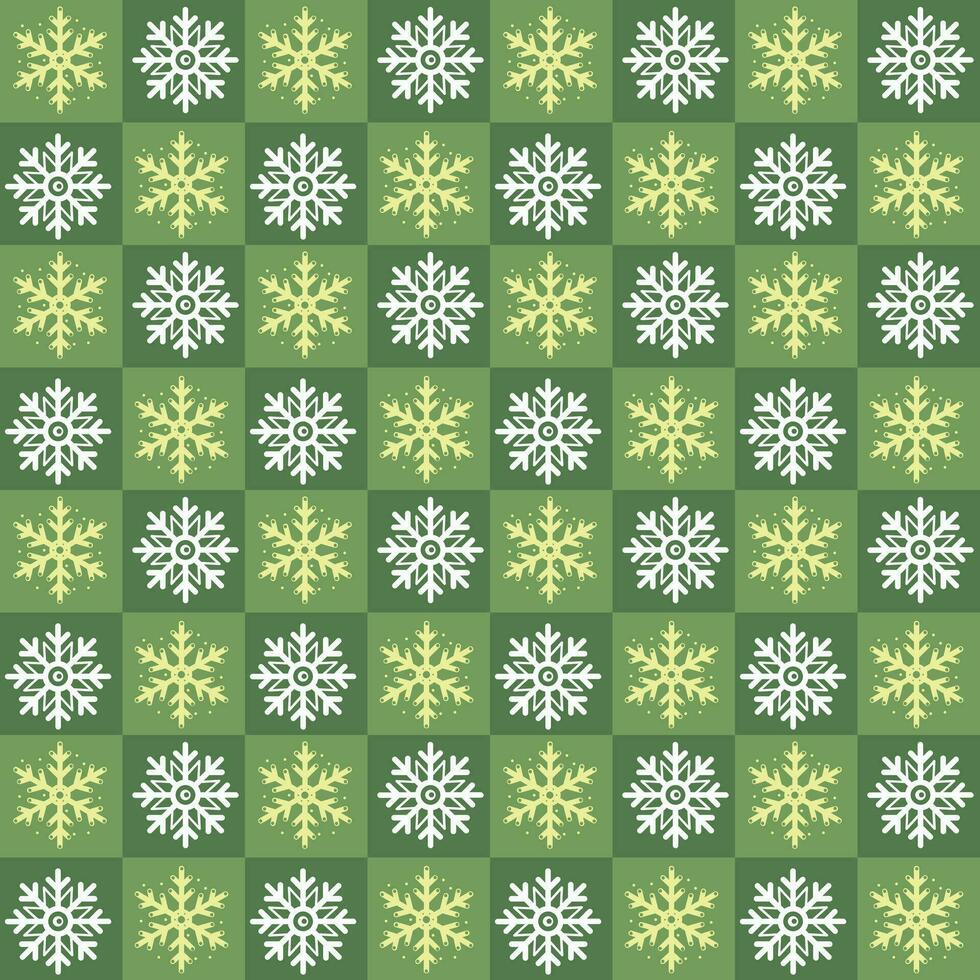 Christmas seamless pattern of snowflakes on green checkered background, vector holiday pattern