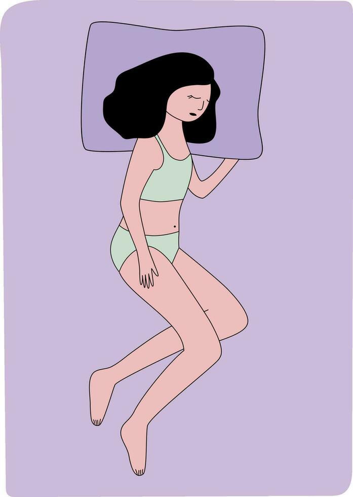 niña dormido en el cama, dibujos animados personaje ilustración, dormido en un almohada en ropa interior vector