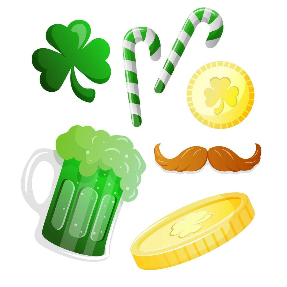 Happy St. Patrick's Day elements set with green clover, orange mustache, shamrock, green ale, gold coins, green lollypop sticks isolated on white background. vector