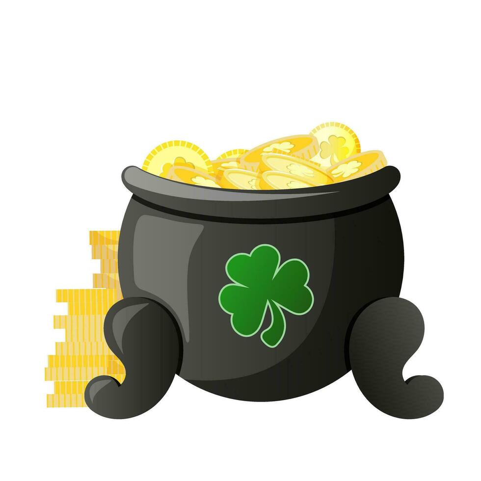 pot with gold coin for Patrick's day. vector illustration isolated on white background. clover symbol for Irish holiday