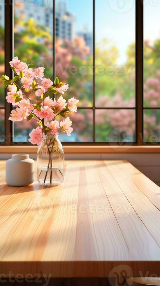 AI generated Dining wooden table and window room aesthetic modern interior photo
