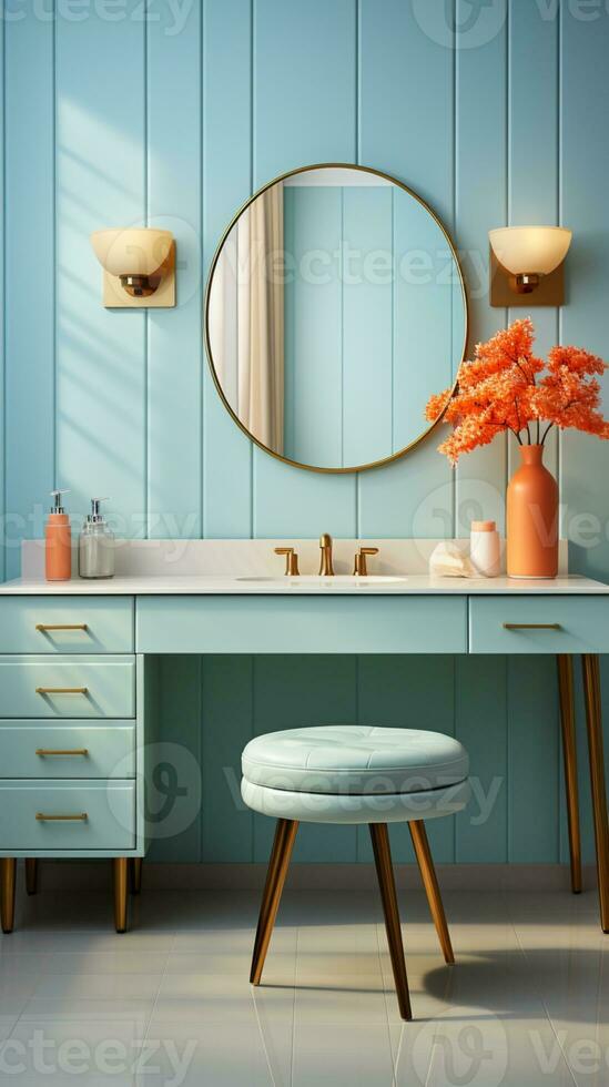 AI generated Mirror and table makeup blue room aesthetic modern interior photo
